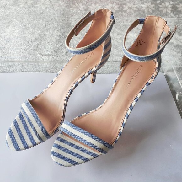NWOT BCBGeneration white & blue fabric open toe heeled ankle tie sandal - Picture 2 of 5